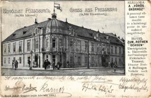 1902 Pozsony, Pressburg, Bratislava; Szálloda a Vörös Ökörhöz (a pozsonyi villamos vasút átszálló és a haimburgi posta- és társaskocsi megállóhelye). Szold Jakab felvétele / Hotel zum Rothen Ochsen (EK)