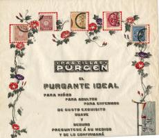 Ca 1910 Purgen tabletta reklám színezett japán ábrájú papíron, felragasztott japán forgalmi bélyeggel