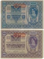 Ausztria 1902. 1000K II. kiadás, piros vízszintes "DEUTSCHÖSTERREICH" felülbélyegzéssel + 1918. 10.000K piros vízszintes "DEUTSCHÖSTERREICH" felülbélyegzéssel T:F-VG Austria 1902. 1000 Corona 2nd issue, with red "DEUTSCHÖSTERREICH" horizontal overprint + 1918. 10.000 Kronen with red "DEUTSCHÖSTERREICH" horizontal overprint C:F-VG  Krause P#61, P#65