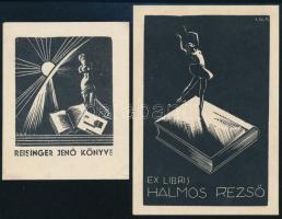 Gáborjáni Szabó Kálmán (1897-1955): 2 db ex libris (Reisinger Jenő könyve és ex libris Halmos Rezső). Fametszet, papír, jelzett a metszeten, 9×6 és 5,5×4,5 cm