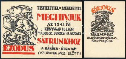 Exodus könyvkiadó meghívója 1943. évi könyvnapra és Exodus könyvkiadói szignetje. Fametszet, papír, Szoboszlai Mata János (1907-1944) jelzés nélküli grafikája. 10x14 és 10x7 cm