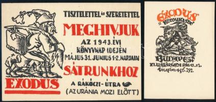 Exodus könyvkiadó meghívója 1943. évi könyvnapra és Exodus könyvkiadói szignetje. Fametszet, papír, Szoboszlai Mata János (1907-1944) jelzés nélküli grafikája. 10x14 és 10x7 cm