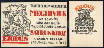 Exodus könyvkiadó meghívója 1943. évi könyvnapra és Exodus könyvkiadói szignetje. Fametszet, papír, Szoboszlai Mata János (1907-1944) jelzés nélküli grafikája. 10x14 és 10x7 cm