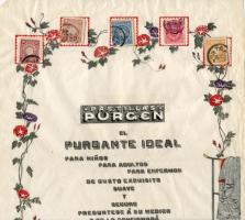 Ca 1910 Purgen tabletta reklám színezett japán ábrájú papíron, felragasztott japán forgalmi bélyeggel