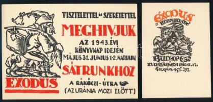 Exodus könyvkiadó meghívója 1943. évi könyvnapra és Exodus könyvkiadói szignetje. Fametszet, papír, Szoboszlai Mata János (1907-1944) jelzés nélküli grafikája. 10x14 és 10x7 cm