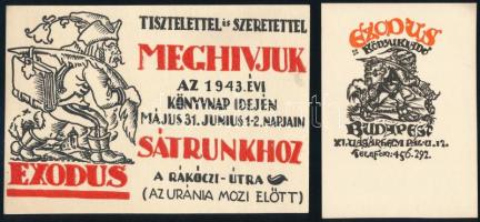 Exodus könyvkiadó meghívója 1943. évi könyvnapra és Exodus könyvkiadói szignetje. Fametszet, papír, Szoboszlai Mata János (1907-1944) jelzés nélküli grafikája. 10x14 és 10x7 cm