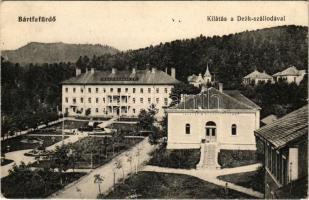 1920 Bártfafürdő, Bardejovské Kúpele, Bardiov, Bardejov; Kilátás a Deák szállodával, vasláp és ásványvíz fürdő. Rosenfeld Salamon kiadása / hotel and spa (Rb)