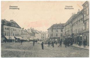 1908 Pozsony, Pressburg, Bratislava; Vásártér, Frankl Mór, Reif, Nathan Ignác és Steinmann Henrik üzlete. Neffe J. kiadása / Marktplatz / square, shops (ázott / wet damage)