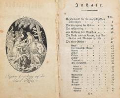 Moritz, Karl Philipp: Götterlehre oder mythologische Dichtungen der Alten. H.n., é.n. (cca 1792), k.n., 3 szt. lev.+ VIII+180+(4) p.+ 31 (rézmetszetek) t. Német nyelven. Kartonált papírkötésben, sérült, viseltes borítóval, foltos lapokkal, egy táblán kisebb szakadással, hiányzó címlappal.