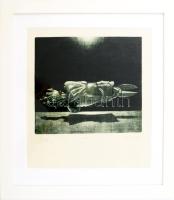 Pálfi György (-): Kéz és olló (szürrealista grafika), 1978. Mezzotinto, papír, jelzett, számozott (6/6). Üvegezett fakeretben. 22x23,5 cm