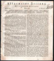 1828 Allgemeine Zeitung. Mit allerhöchsten Privilegien. Nr. 223. Német nyelvű hírlap 1828. aug. 10-i száma, 2K szignettával, kis lapszéli sérüléssel, 12 p.