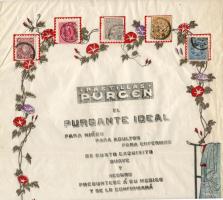 Ca 1910 Purgen tabletta reklám színezett japán ábrájú papíron, felragasztott japán forgalmi bélyeggel