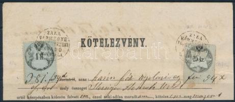 1865 Kötelezvény 1fl + 2kr okmánybélyeggel, "Zala vármegye törvényszéki kiadó hivatala" bélyegzővel