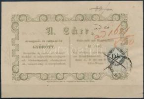 1859 Győr, A. Ecker aranymű- és váltó-üzlet kétnyelvű reklámlapja, 15kr okmánybélyeggel, hátoldalán kézzel írt nyugta(?)