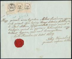 1859 Pécel, Illés Dániel református lelkész által kiállított eljegyzési bizonyítvány, 30+4+2kr okmánybélyeggel, viaszpecséttel