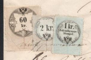 1863 Bük, 60kr + 2kr okmánybélyeg és 1kr hirdetménybélyeg német nyelvű hivatalos iraton