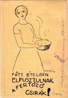 1930 Főtt ételben elpusztulnak a fertőző csírák. Kiadja a M. Kir. Népjóléti és Munkaügyi Ministerium Egészségügyi Reformirodájának Propaganda Központja s: Lossonczy Tamás (1904-2009)