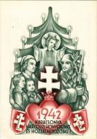 1942 Karácsonya Harcoló honvédeinké és hozzátartozóiké; levente szimbólumokkal. Tábori Postai Levelezőlap "Magyarország jövő békessége és felvirágzása - a szovjetoroszországi harcmezőkön dől el!" / WWII Hungarian military Christmas greeting with paramilitary youth organisation's symbols (EK)