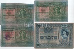 1902. 1000K felülbélyegzés nélkül + 1912. 100K (3x), közte felülbélyegzett is T:F szakadás Adamo SK3...