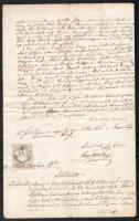 1868 Bírósági ítélet töredéke, két beírt oldal, 2 x 5fl okmánybélyeggel, a lap sarka sérült, javítot...