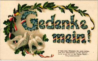 1918 Gedenke mein! / WWI German and Austro-Hungarian K.u.K. military art postcard, patriotic propaganda with ribbons and doves. Emb. litho (lyuk / pinhole)