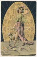 1907 Húsvéti üdvözlet / Easter greeting art postcard, lady with sheep, eggs and chicken. B.K.W.I. 4501-5. Art Nouveau, litho (b)