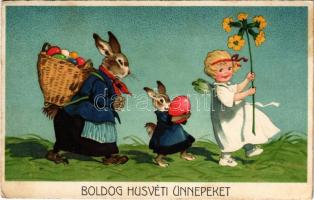 1938 Boldog húsvéti ünnepeket / Easter greeting art postcard with rabbits and eggs (EK)