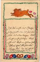 1925 Kézzel rajzolt és festett húsvéti üdvözlőlap / Hand-drawn and hand-painted Easter greeting art postcard with rabbit and eggs (EK)