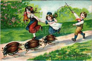 Fröhliche Pfingsten / Pentecost greeting art postcard with children and maybugs (EK)