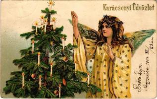 1904 Karácsonyi üdvözlet / Christmas greeting art postcard with angel and Christmas tree. Emb. litho (EK)