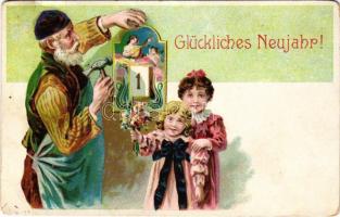 1910 Glückliches Neujahr / New Year greeting art postcard. litho (szakadás / tear)