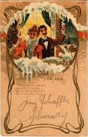 1899 (Vorläufer) Prosit Neujahr / New Year greeting art postcard with couple by the window. Art Nouveau, litho (EK)