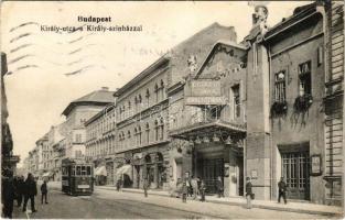 1917 Budapest VII. Király utca, Király színház, 12-es villamos, Színházi cukorkák, bor és sörház, selyem nyakkendők üzlete (EK)