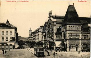 Budapest IX. Vámház körút, Vásárcsarnok, villamos, Nádor szálloda, kávéház, gyógyszertár, Klein N. üzlete. Divald Károly 214-1907.&nbsp;