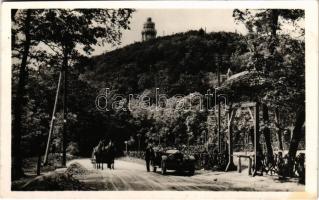 1939 Budapest XII. Zugliget, Jánoshegy, Erzsébet kilátótorony, automobil, Erber János erdész vendéglője