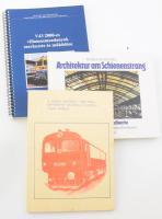 3 darab vasúttal kapcsolatos kiadvány: Stósz István: Útmutató a V43 2000-es villamosmozdonyok menetszolgálatához. Szerk.: Mezei István. Bp., 2006, MÁV Zrt.,160 p. Kiadói spirál-kötés, jó állapotban. +&nbsp; Mihály Kubinszky: Architektur am Schienenstrang, 1990, Frank-Kosmos, kartonált papírkötés + Dr. Barthal Sándor-Ilkei Sándor-Imre Gyula: A diesel-motorok főbb paramétereinek számítása és próbatermi mérése. Bp.,é.n.,KPM Vasuti Főosztály 2. B. Oktatási Osztálya. Kiadói papírkötés.