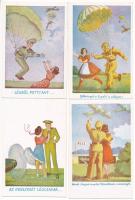 4 db RÉGI magyar katonai humor képeslap: pilóta, ejtőernyős / 4 pre-1945 Hungarian military humour art postcards: pilot, paratrooper