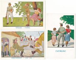 3 db RÉGI magyar katonai humor képeslap / 3 pre-1945 Hungarian military humour art postcards