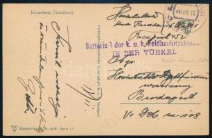 1918 Tábori posta képeslap "Batterie 1 der k.u.k. Feldhaubitzabteilung IN DER TÜRKEL"