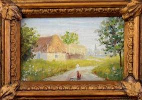 Olvashatatlan jelzéssel: Hazafelé. Olaj, karton. 9,5x14,5 cm. Dekoratív, sérült fakeretben