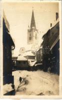 1925 Nagyszeben, Hermannstadt, Sibiu; Hundsrücken / Evangélikus templom télen, óriás hótakaró / Lutheran church in winter, huge snow cover. Fotografie Original Emil Fischer