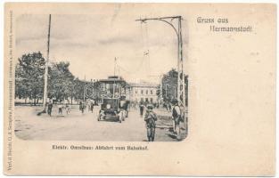 1909 Nagyszeben, Hermannstadt, Sibiu; Die neue elektrische Strassenbahn: Erste Probefahrt! Verlag G. A. Seraphin, Lichtdruck v. Jos. Drotleff / A villamos hálózat első elektromos kocsija Nagyszebenben, az első próbaút, tesztvezetés / the first electric omnibus (tram car) on its first test drive in Sibiu (felszíni sérülés / surface damage)