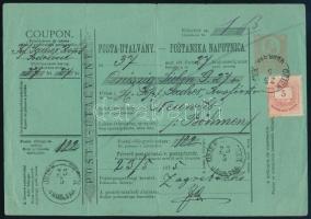 1875 1871-es díjegyes horvát nyelvű postautalvány 5kr díjkiegészítéssel "OSIEK / ESSEK" - "NEUWELT " Böhmen