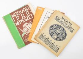 1916-1940 Magyar Iparművészet számai, 7 db:  1916 XIX. évf. 3-4. sz. (Róth Miksa: Az üvegfestésről.), 9. sz. (Végh Gyula: Az Erzsébet-emlékmű-pályázat még néhány tanulsága. A kritikáról és egyebekről. Kozma Lajos bútorairól és Lesznai Anna hímzéseiről készült fotókkal.);  1926 XXXII. évf. 9-10. sz. (Györgyi Dénes és Menyhért Miklós barcelonai világkiállításra készült magyar pavilonjának fotói, valamint Kozma Lajos bútorairól készült fotókkal.); 1932 XXXV. évf. 3-4. sz. (x2) (Kaesz Gyula - Strauss Sándor: Flóris cukrászda enteriőréről készült fotók, Molnár C. Pál illusztráció.); 1933 XXXVI. évf. 5-6. sz. (Budapesti Nemzetközi Vásár, milánói Triennále, fotói, köztük a triennalé Thonet-kiállítása.); 1940 XLIII. évf. 3. sz. (Új Magyar Otthon kiállítás fotói 25-36 p.; Változó állapotban, közte szakadt, kissé sérült.  + 1892 Perzsa szőnyeg, rajta "Benczúr Béla" (1854-1941) építész, festő, művészeti író és az "Országos M. Kir. Iparművészeti Iskola" bélyegzéseivel, foltos, 30x22 cm.