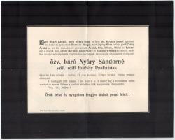 1912, 1916 Báró Nyáry Alfons és Báró Nyáry Sándorné halálozási értesítője, 2 db
