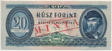 1957. 20Ft "C137 085079" sorozat és sorszámmal, piros "MINTA" felülnyomással és perforációval T:UNC Hungary 1957. 20 Forint with "C137 085079" serial number and with red "MINTA" (SPECIMEN) overprint and perforation C:UNC Adamo F11M