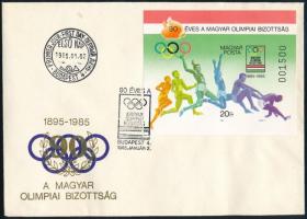 1985 90 éves a Magyar Olimpiai Bizottság vágott blokk FDC-n (4.000)