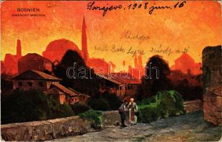 1908 Bosnien, Abendstimmung / street at night, mosque. K. &amp; B. D. Serie 3005. (Rb)