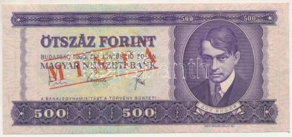 1969. 500Ft "E 000 000121" sorozat és sorszámmal, piros "MINTA" felülnyomással és perforációval, nyomdai papírráncokkal T:XF Hungary 1969. 500 Forint with "E 000 000121" serial number and with red "MINTA" (SPECIMEN) overprint and perforation, with printing creases C:XF Adamo F40Ma