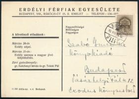 1942 Erdélyi Férfiak Egyesülete meghívója a Gróf Teleki Pál Erdélyi Emlékelőadássorozat előadására, Szabó Imre (1904-1958) könyvkiadó, szerkesztő, az Exodus Könyvkiadó vezetője részére.